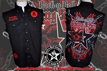 Skull n Chains denim cut off sleeveless biker shirt Rock n Roll Heavy Metal clothing apparel accessories Rock n Roll GangStar