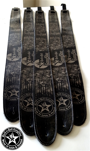 Wear It Loud & Proud! tm Gray on Black Leather Guitar Strap rock and roll heavy metal guitar accessories