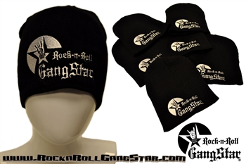 Stretch Beanie Black with large Silver Rock n Roll GangStar logo Stocking Cap Winter Hat Rock and Roll Heavy Metal Biker clothing apparel accessories lifestyle Rock n Roll GangStar Apparel