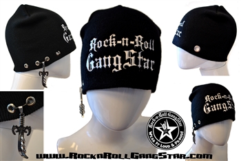 Custom Stretch Beanie with Rock-n-Roll GangStar white lettering sword & rings pendant Rock n Roll Heavy Metal hats accessories