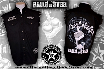 Balls Of Steel denim cut off sleeveless biker shirt Rock n Roll Heavy Metal clothing apparel accessories Rock n Roll GangStar