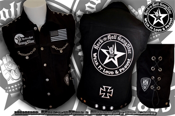Wear It Loud & Proud! tm denim biker vest with custom patch work chains grommets & lacing work silver & black Rock n Roll Heavy Metal biker clothing shirt Rock n Roll GangStar