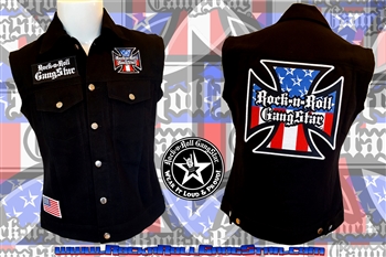 Red White & Blue Iron Cross denim biker vest with custom patch work Rock n Roll Heavy Metal biker clothing shirt Rock n Roll GangStar