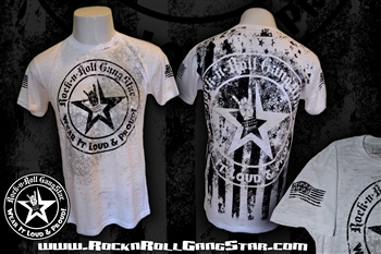 Wear It Loud & Proud! Stars & Stripes Mens T Shirt White Burnout Rock n Roll Heavy Metal Biker clothing apparel accessories lifestyle Rock n Roll GangStar